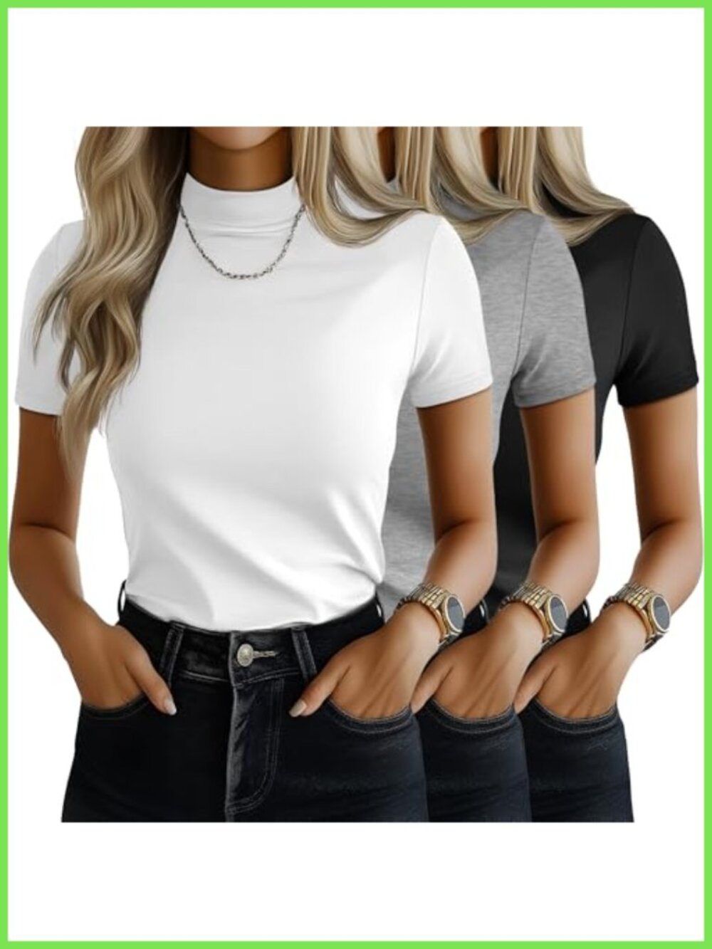 Mock Neck Short Sleeve T-Shirt Set Slim Fit Casual Stretch Tops